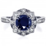 White Gold Round-cut Sapphire and 1/4ct TDW Diamond Floral Antique Ring - Handcrafted By Name My Rings™