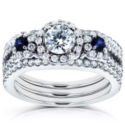 White Gold Sapphire and 1 1/4ct TDW Diamond Halo Three Stone Double Band Brid - Handcrafted By Name My Rings™