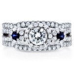 White Gold Sapphire and 1 1/4ct TDW Diamond Halo Three Stone Double Band Brid - Handcrafted By Name My Rings™