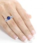 White Gold Sapphire and 1/3ct TDW Diamond Antique Engraved Bridal Rings Set - Handcrafted By Name My Rings™