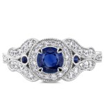 White Gold Sapphire and 2/5ct TDW Diamond Antique Milgrain Ring - Handcrafted By Name My Rings™