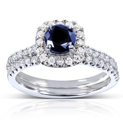 White Gold Sapphire and 2/5ct TDW Diamond Halo Bridal Set - Handcrafted By Name My Rings™