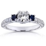 White Gold Sapphire and 3/4ct TDW Diamond Three Stone Engagement Ring - Handcrafted By Name My Rings™