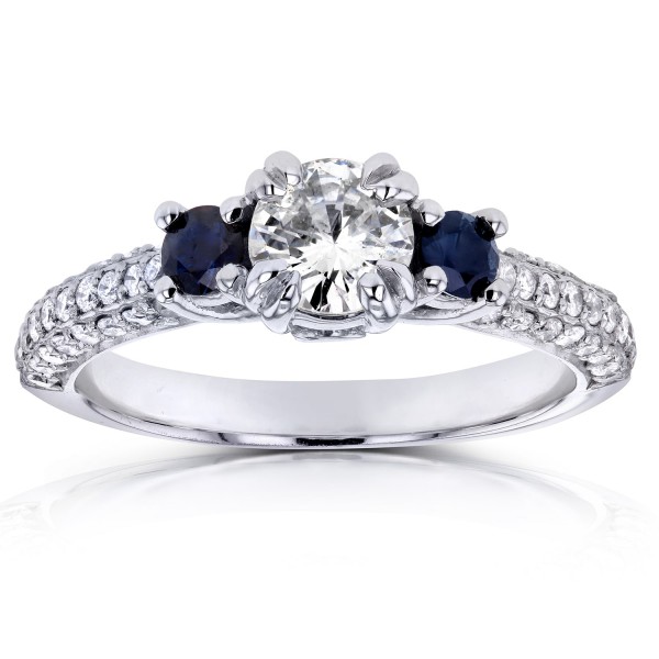 White Gold Sapphire and 3/4ct TDW Diamond Three Stone Engagement Ring - Handcrafted By Name My Rings™