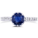White Gold Sapphire and 3/5ct TDW Diamond 8 Prong Standing Halo Engagement Ring - Handcrafted By Name My Rings™
