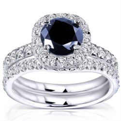 White Gold Sapphire and 5/8ct TDW Diamond Halo Bridal Set - Handcrafted By Name My Rings™