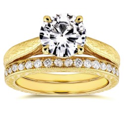 Gold 1 1/2ct Round Moissanite and 1/3ct TDW Diamond Antique Cathedral - Handcrafted By Name My Rings™