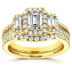 Gold 1 1/2ct TDW Three Stone Emerald Shape Diamond Bridal Rings Set - Handcrafted By Name My Rings™