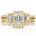 Gold 1 1/2ct TDW Three Stone Emerald Shape Diamond Bridal Rings Set - Handcrafted By Name My Rings™