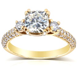 Gold 1 1/2ct TGW Forever One DEF Cushion Moissanite and Diamond 3 Stone Micro Pave Engagement Ring - Handcrafted By Name My Rings™