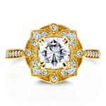 Gold 1 1/3ct TGW Cushion Moissanite and Diamond Floral Antique Ring - Handcrafted By Name My Rings™