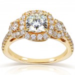 Gold 1 7/8ct TGW Forever One DEF Cushion Moissanite and Diamond 3-Stone Halo Engagement Ring - Handcrafted By Name My Rings™