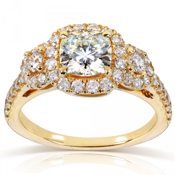 Gold 1 7/8ct TGW Forever One DEF Cushion Moissanite and Diamond 3-Stone Halo Engagement Ring - Handcrafted By Name My Rings™