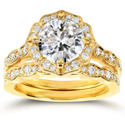 Gold 1 7/8ct TGW Moissanite and Diamond Floral Antique Bridal Rings Set - Handcrafted By Name My Rings™
