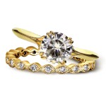 Gold 1ct Round Moissanite and 2/5ct TDW Diamond Floral Antique Bridal - Handcrafted By Name My Rings™