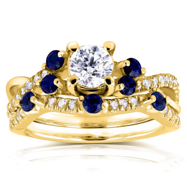 Gold 1ct TCW Diamond and Blue Sapphire Bridal Set - Handcrafted By Name My Rings™