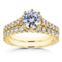 Gold 2 1/10ct TCW Round Moissanite and Diamond 8-Prong Standing Halo Bridal Rings - Handcrafted By Name My Rings™