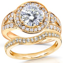 Gold 2ct TGW Forever Brilliant Moissanite and Diamond Halo Split Shank Bridal Rings Set - Handcrafted By Name My Rings™
