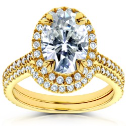 Gold 2ct TGW Forever Brilliant Moissanite and Diamond Oval Halo Bridal Rings - Handcrafted By Name My Rings™