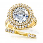Gold 6 1/3ct TGW Forever One G-H-I Moissanite & Diamond Unique Double Halo Statement Bridal Set - Handcrafted By Name My Rings™