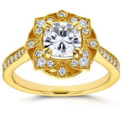 Gold Cushion Forever One Moissanite and 1/4ct TDW Diamond Floral Antiq - Handcrafted By Name My Rings™