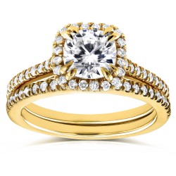 Gold Cushion Moissanite and 1/2ct TDW Diamond Halo Cathedral Bridal Se - Handcrafted By Name My Rings™