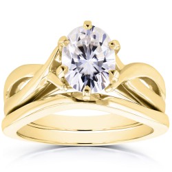 Gold Oval 1 1/2ct Forever One DEF Moissanite Solitaire Bridal Set - Handcrafted By Name My Rings™