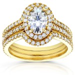 Gold Oval 1 3/5ct TDW Diamond Halo 3-Piece Bridal Rings Set - Handcrafted By Name My Rings™