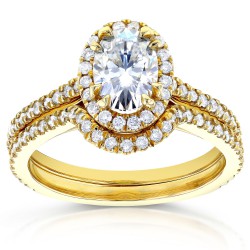 Gold Oval Moissanite and 1/2ct TDW Diamond Halo Bridal Set - Handcrafted By Name My Rings™