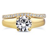 Gold Round Cut Moissanite Solitaire and 1/6ct TDW Diamond Band Bridal - Handcrafted By Name My Rings™