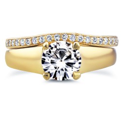 Gold Round Cut Moissanite Solitaire and 1/6ct TDW Diamond Band Bridal - Handcrafted By Name My Rings™