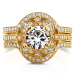 Gold Round Moissanite and 5/8ct TDW Diamond 3-Piece Floral Antique Bri - Handcrafted By Name My Rings™