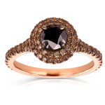 Rose Gold 1 1/2ct TDW Round Black and Champagne Diamond Double Halo Ring - Handcrafted By Name My Rings™