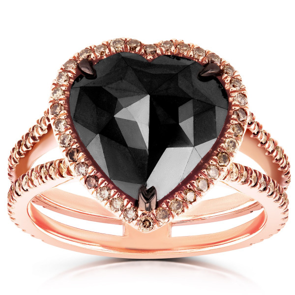 Rose Gold 5ct TDW Black and Brown Diamond Heart Halo Double Shank Ring - Size - Handcrafted By Name My Rings™