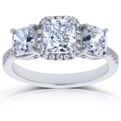 White Gold Certified 2 4/5ct TDW Diamond Cushion Halo 3 Stone Engagement Ring - Handcrafted By Name My Rings™