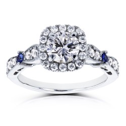 Certified Platinum 1 1/5ct TCW Diamond and Sapphire Vintage Style Halo Engagement Ring - Handcrafted By Name My Rings™