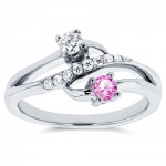 Two White Gold Pink Sapphire and 1/5ct TDW Diamond Two-Stone Curved Ring - Handcrafted By Name My Rings™
