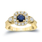 Gold 1/2ct Blue Sapphire and 1/2ct TDW Round Diamond Halo Engagement Ring - Handcrafted By Name My Rings™