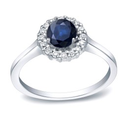 Gold 1/2ct Blue Sapphire and 1/4ct Round Diamond Halo Engagement Ring - Handcrafted By Name My Rings™