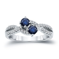Gold 1/2ct Blue Sapphire and 1/4ct TDW 2-Stone Round Diamond Engagement Ring - Handcrafted By Name My Rings™