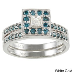 Gold 1/2ct TDW Princess Blue and White Diamond Bridal Ring Set - Handcrafted By Name My Rings™