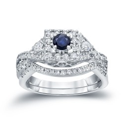 Gold 1/4ct Blue Sapphire and 1/2ct TDW Diamond Braided Bridal Ring Set - Handcrafted By Name My Rings™