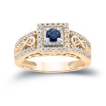 Gold 1/4ct Blue Sapphire and 1/3ct TDW Diamond Cluster Engagement Ring - Handcrafted By Name My Rings™