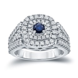 Gold 1/4ct Blue Sapphire and 1ct TDW Diamond Cluster Engagement Ring - Handcrafted By Name My Rings™