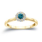 Gold 1/4ct TDW Round-cut Blue Diamond Halo Engagement Ring - Handcrafted By Name My Rings™
