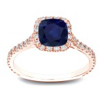 Gold 1ct Blue Sapphire and 1/2ct TDW Cushion Diamond Halo Engagement Ring - Handcrafted By Name My Rings™