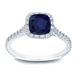 Gold 1ct Blue Sapphire and 1/2ct TDW Cushion Diamond Halo Engagement Ring - Handcrafted By Name My Rings™