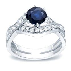 Gold 1ct Blue Sapphire and 3/4ct TDW Round Diamond Engagement Ring - Handcrafted By Name My Rings™