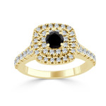 Gold 1ct TDW Black Round Diamond Double Halo Engagement Ring - Handcrafted By Name My Rings™