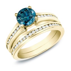 Gold 1ct TDW Blue Diamond Bridal Ring Set - Handcrafted By Name My Rings™